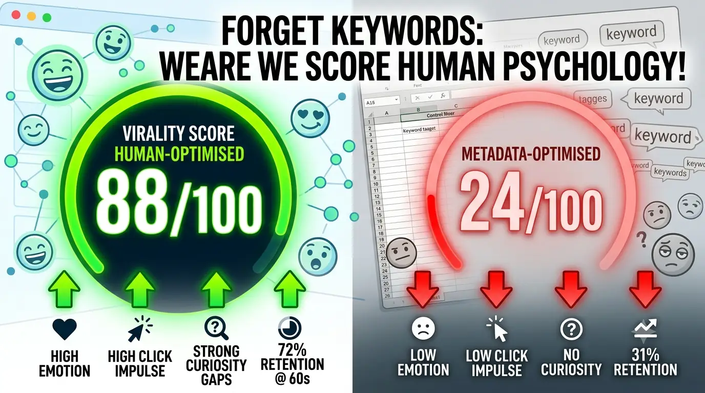 Virality Labs human psychology dashboard showing emotional resonance score, click impulsivity index, and psychological retention projection