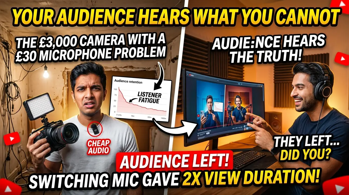 Side-by-side retention graph comparison: a video with clean professional audio versus the same video with echoey compressed audio, showing a dramatic drop-off difference