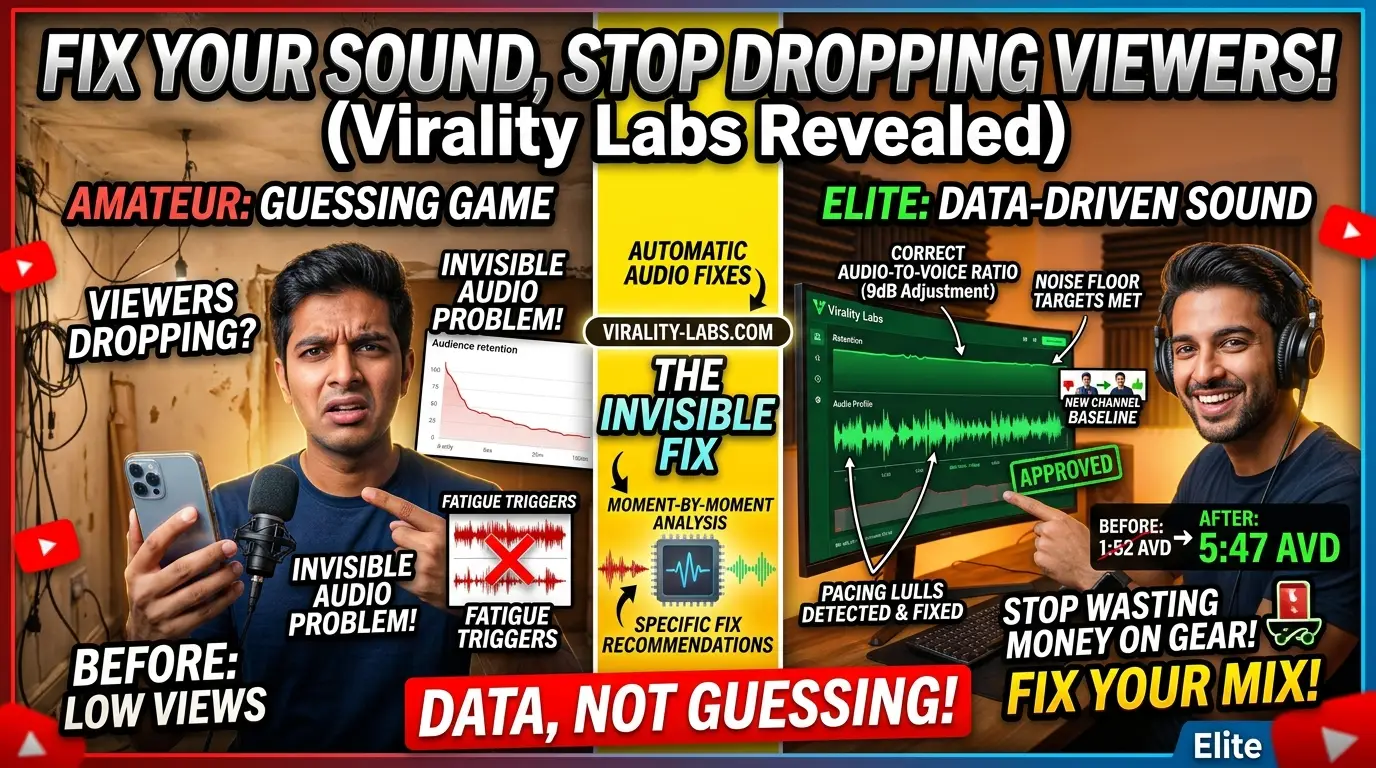 Virality Labs audio-to-voice analysis dashboard showing an audio profile mapped against a retention curve with flagged drop-off moments