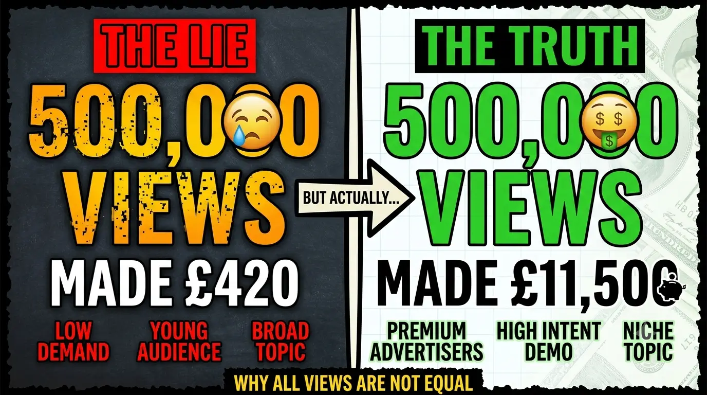 Virality Labs revenue forecaster dashboard showing audience demographic projection, CPM prediction, and topic economic score for three different video concepts