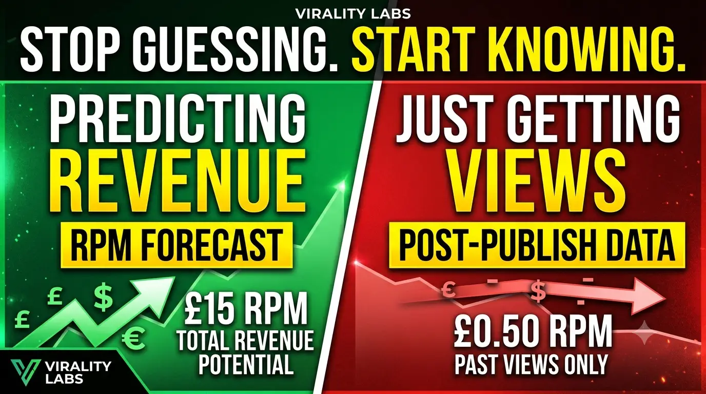 Side-by-side comparison of a 50K-subscriber finance channel earning £8,200 per month versus a 500K-subscriber entertainment channel earning £3,100 per month — illustrating the CPM inversion