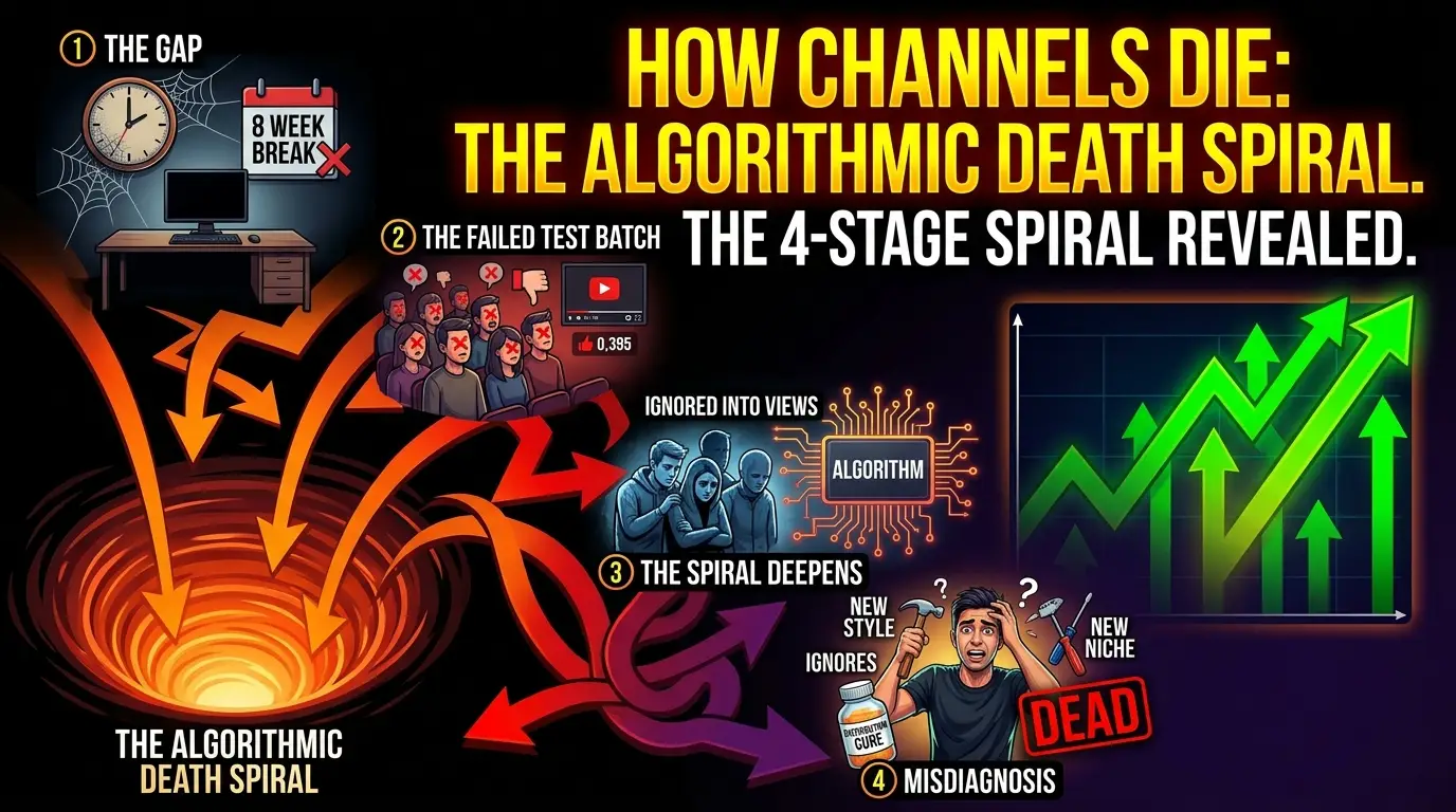 Visualization of the YouTube algorithmic death spiral: distribution gap leads to failed test batch, leading to weaker distribution, deepening the spiral