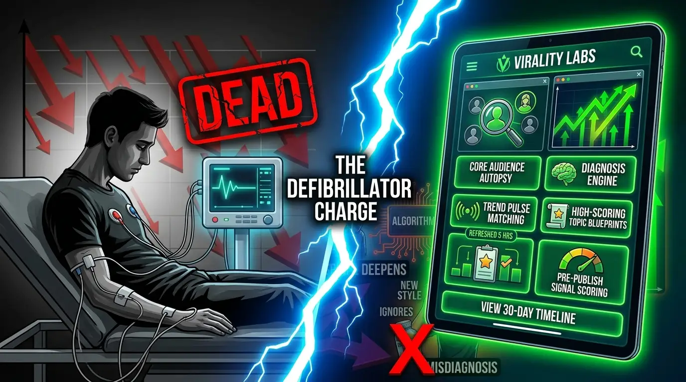 Virality Labs defibrillator dashboard showing dead segment detection, reactive audience analysis, and high-scoring comeback topic blueprints