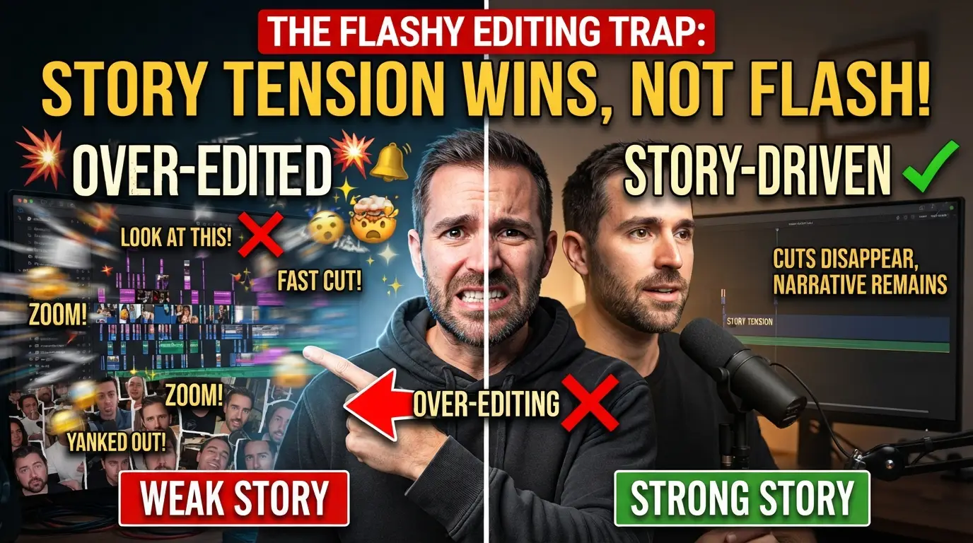 Comparison of two retention graphs: an over-edited video with steep early drop-off versus a story-driven video with a slow, steady decline and strong final spike
