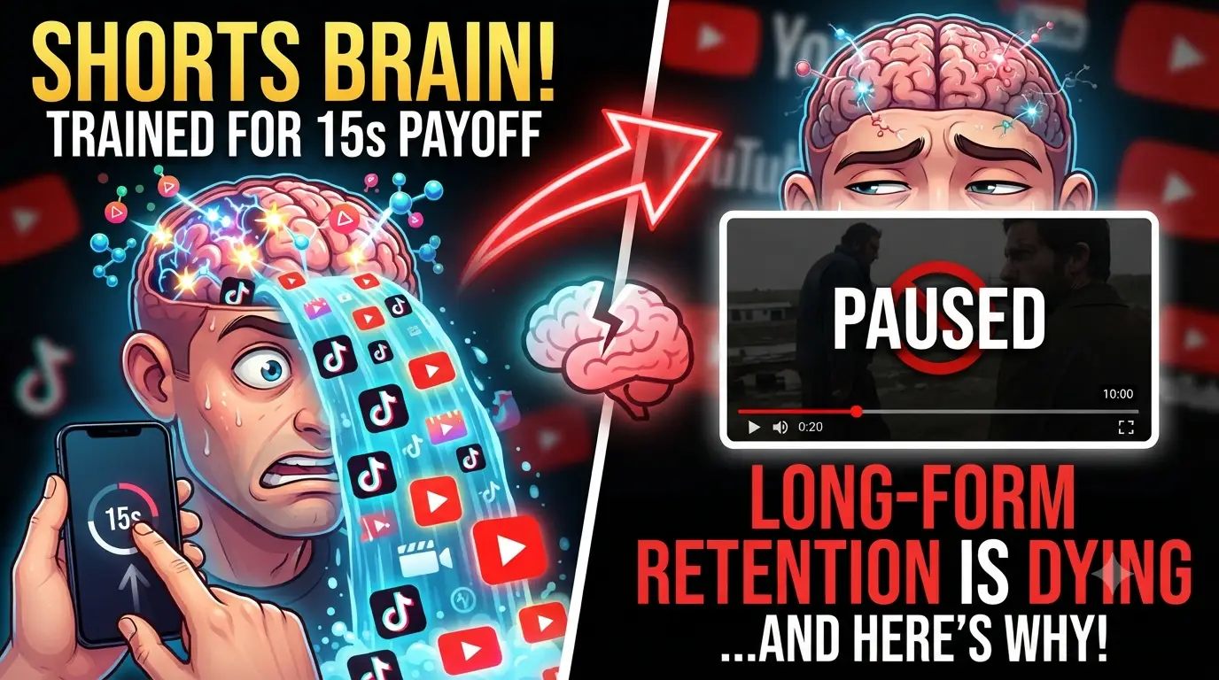 Side-by-side comparison of a Shorts-trained brain consuming a 15-second loop versus a 10-minute long-form video, showing the dopamine drop-off point