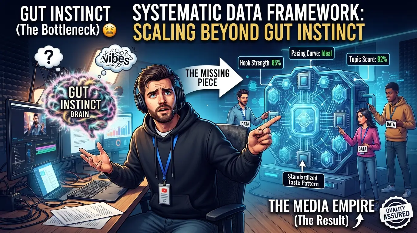 Diagram showing the solo creator bottleneck on one side versus a systematic data framework scaling the channel with a team on the other