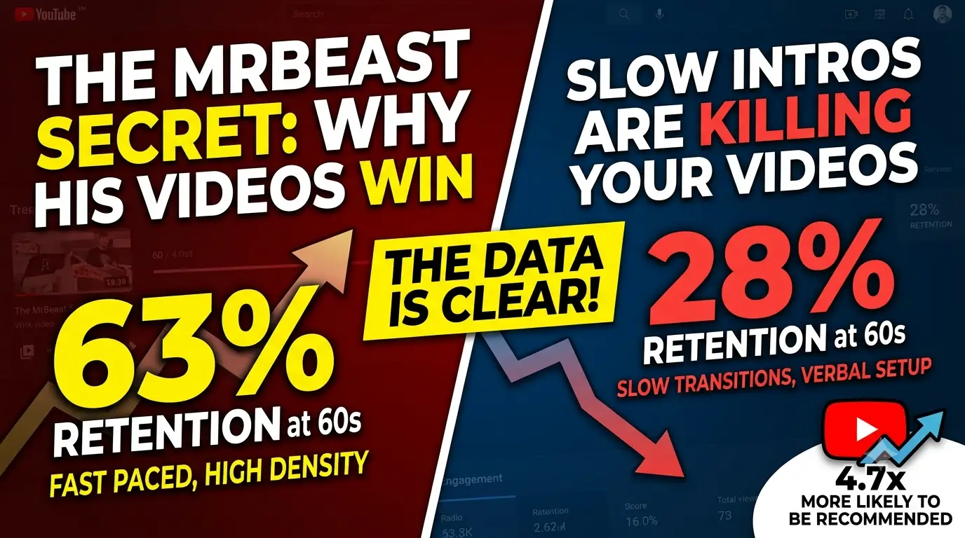 Side-by-side comparison of high-density and low-density YouTube intro structures showing information unit distribution across the first 30 seconds